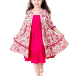 Magenta White Floral A-Line Dress with Shrug