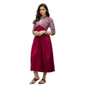 Viscose Rayon Maroon & Grey Printed A-Line Dress